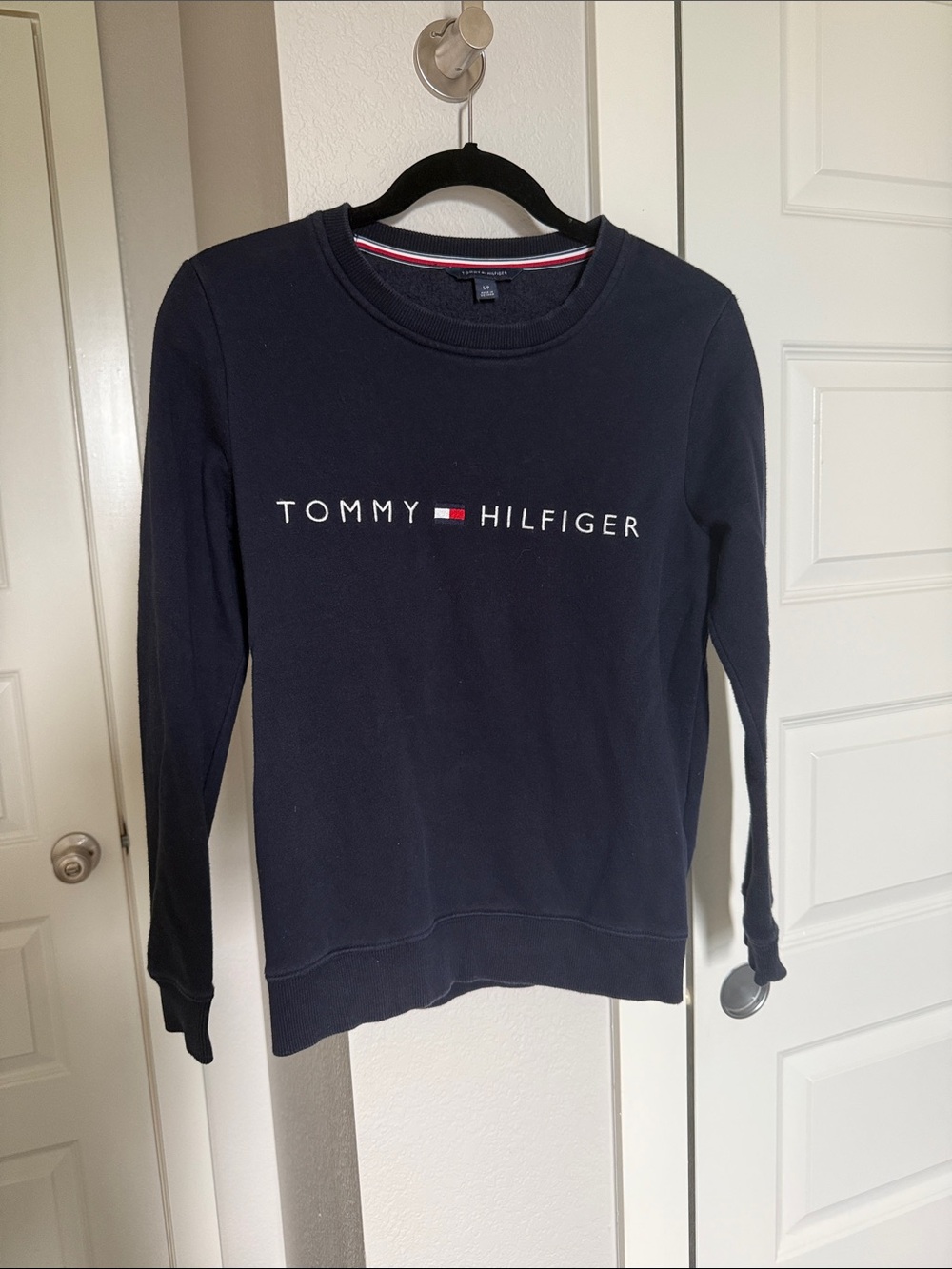 Tommy Hilfiger Navy Logo Crew Sweatshirt with Flag Detail